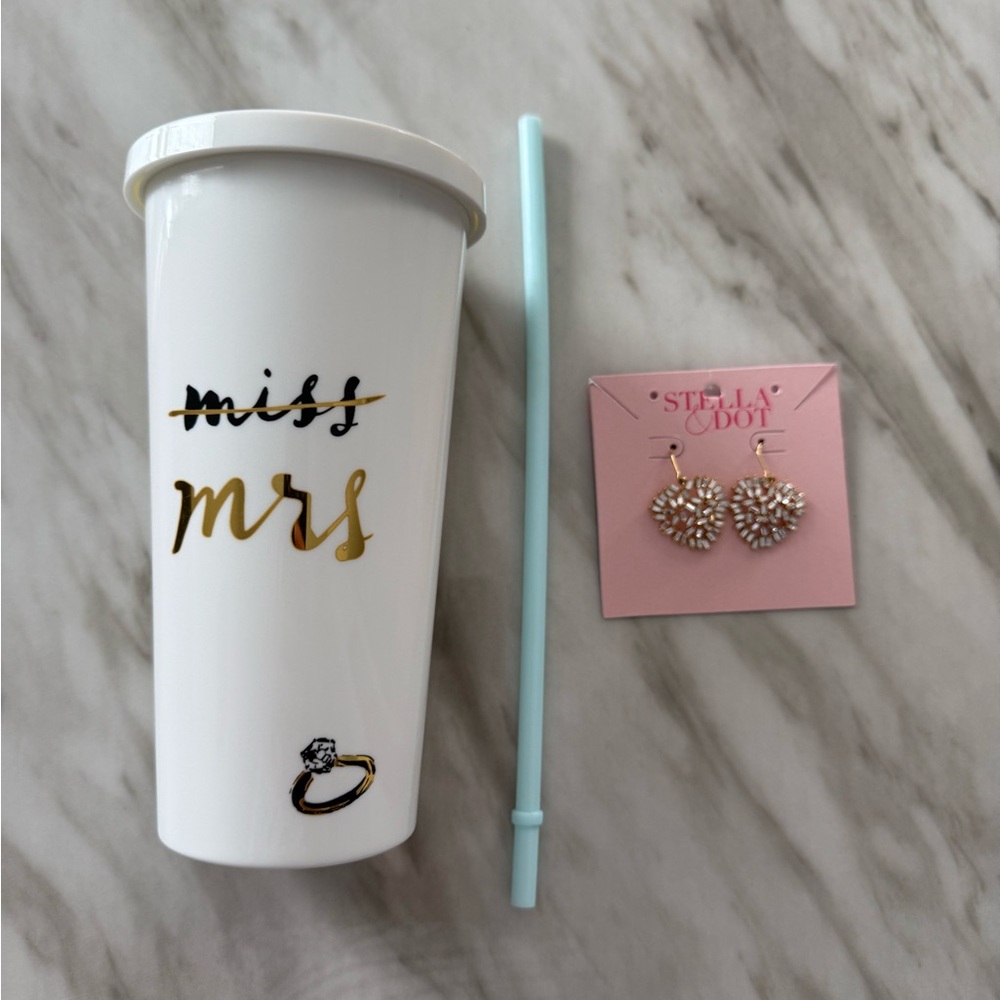 Kat Spade Miss to Mrs Tumbler with Stella & Dot Heart Earrings